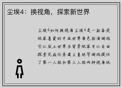尘埃4：换视角，探索新世界